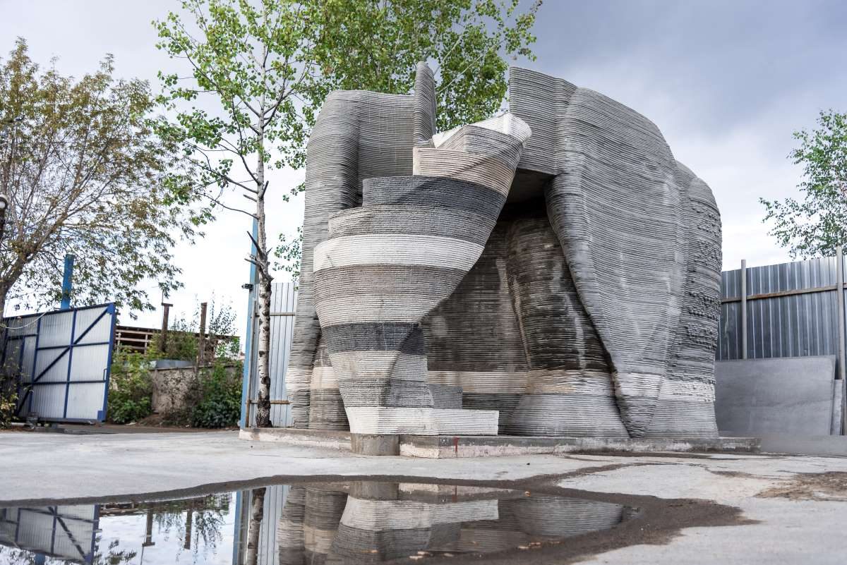 The Elephant House — sculptural 3D-printed concrete pavilion with layered walls