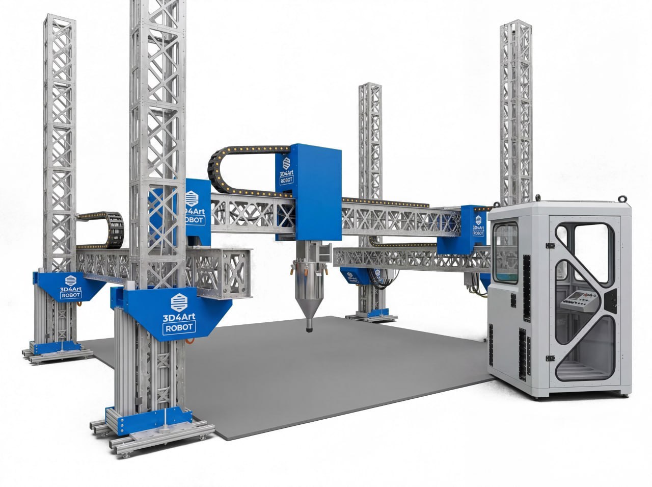 Angled view of Robot-3D4Art portal printer kinematics and extruder module